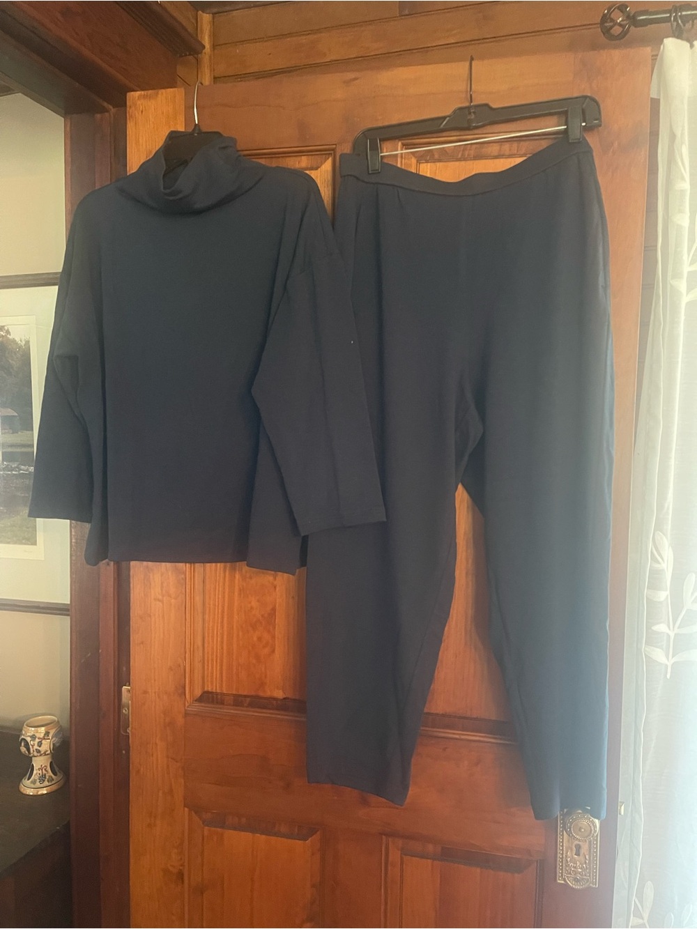 Eileen Fisher Navy Knit Cropped Turtleneck & Ankle Pants Set